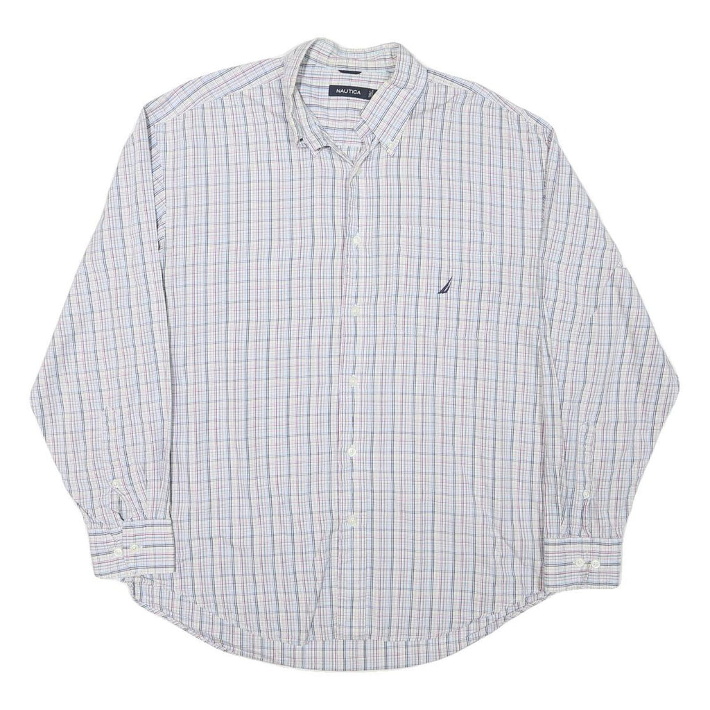NAUTICA Mens White & Blue Check Shirt L Classic Cotton Blend Lightweight