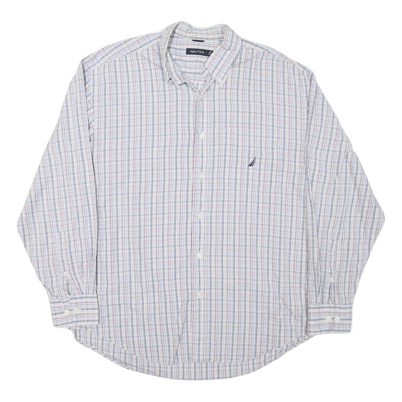 NAUTICA Mens White & Blue Check Shirt L Classic Cotton Blend Lightweight
