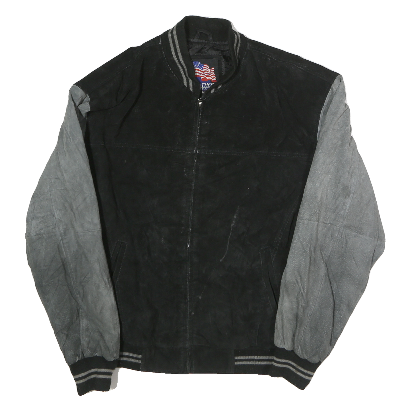 USA LEATHER Mens Black & Grey Leather Bomber Jacket L Suede Varsity Style Zip