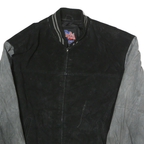 USA LEATHER Mens Black & Grey Leather Bomber Jacket L Suede Varsity Style Zip