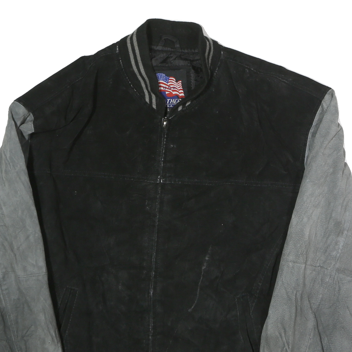 USA LEATHER Mens Black & Grey Leather Bomber Jacket L Suede Varsity Style Zip