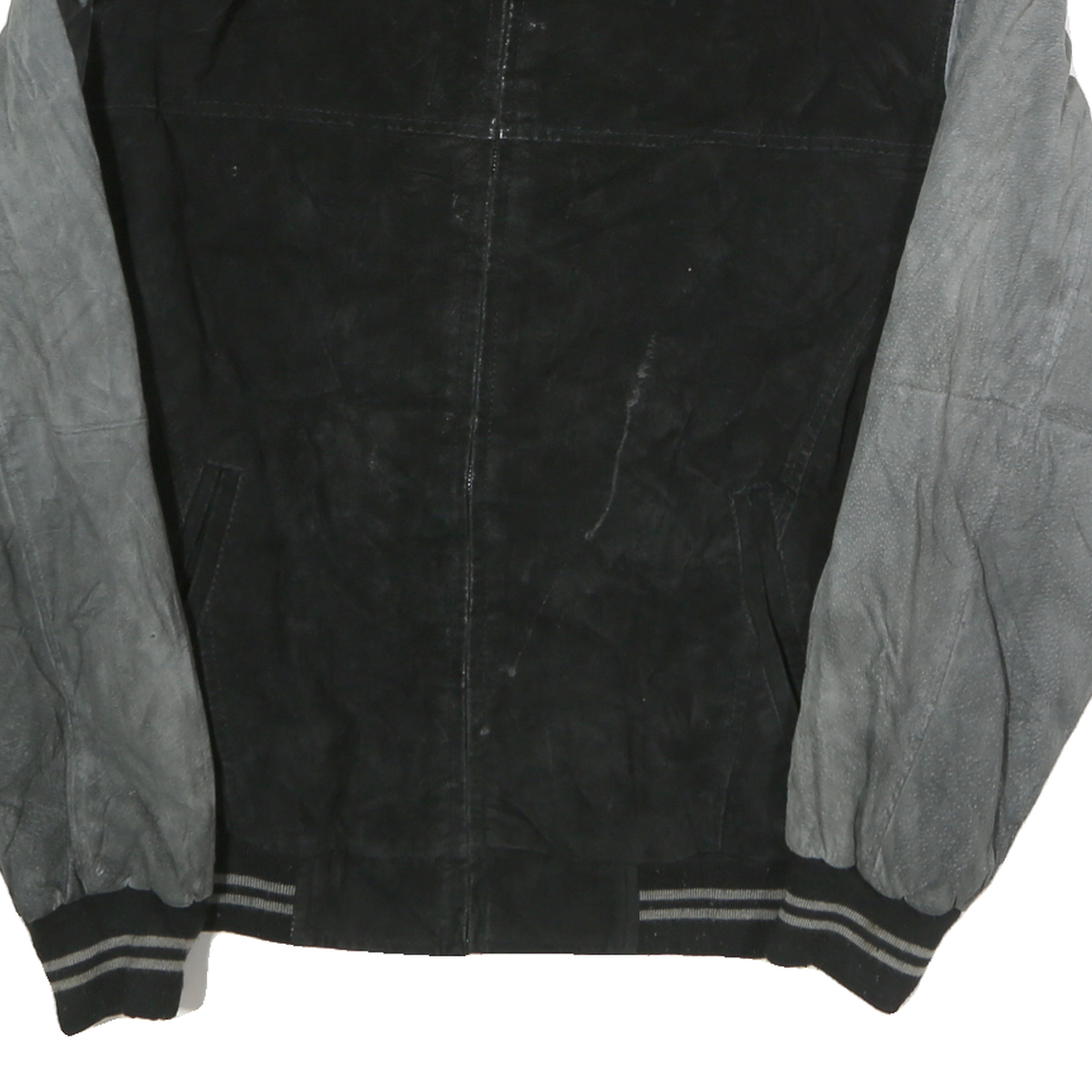 USA LEATHER Mens Black & Grey Leather Bomber Jacket L Suede Varsity Style Zip