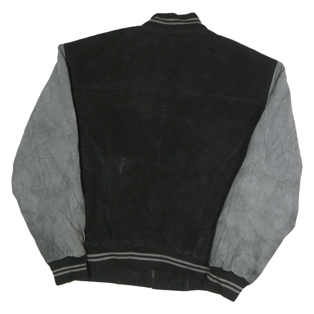 USA LEATHER Mens Black & Grey Leather Bomber Jacket L Suede Varsity Style Zip