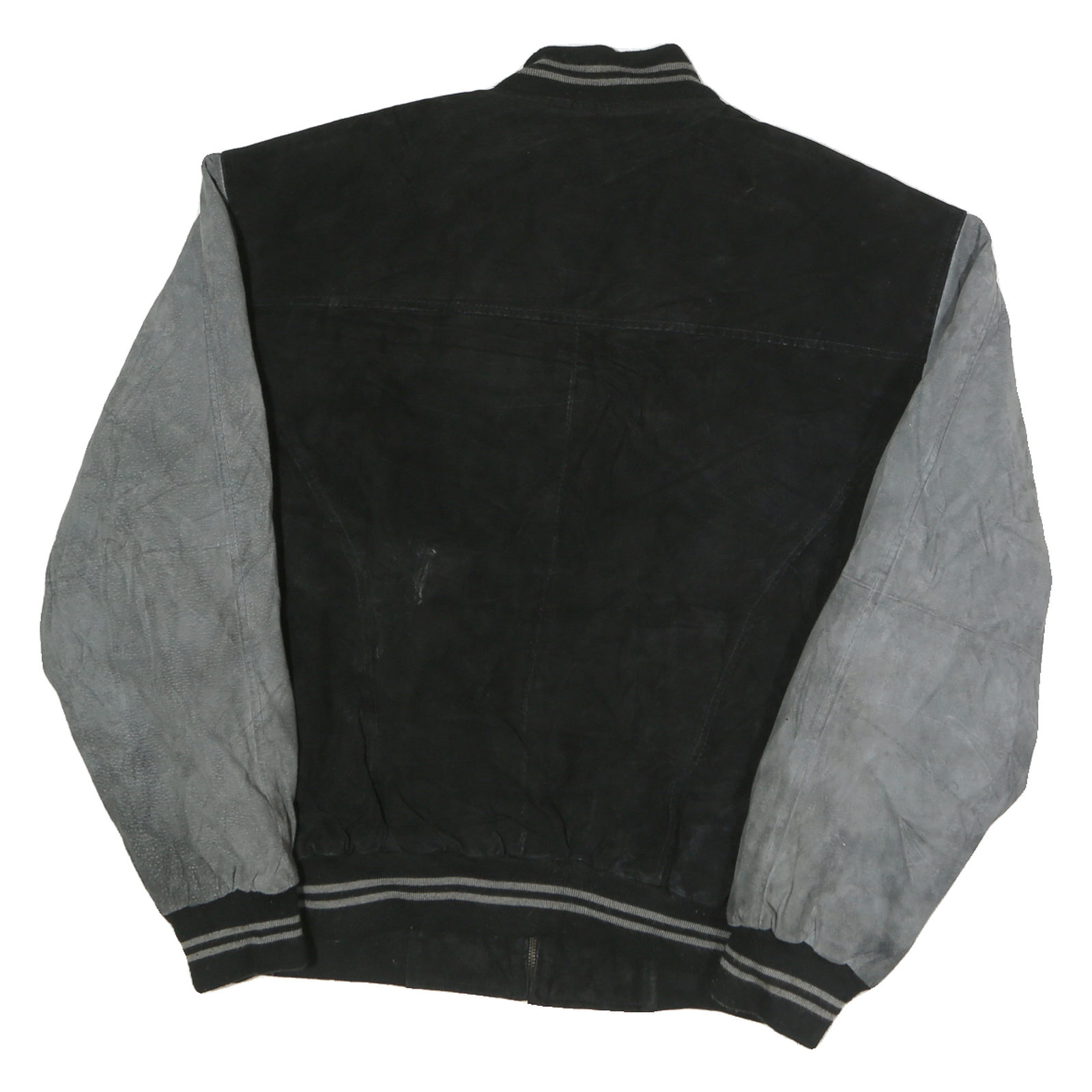 USA LEATHER Mens Black & Grey Leather Bomber Jacket L Suede Varsity Style Zip