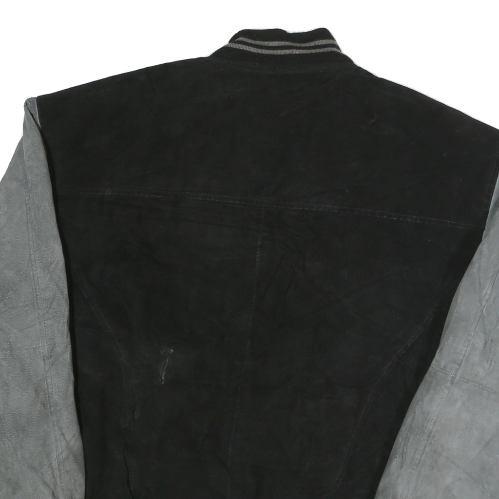 USA LEATHER Mens Black & Grey Leather Bomber Jacket L Suede Varsity Style Zip