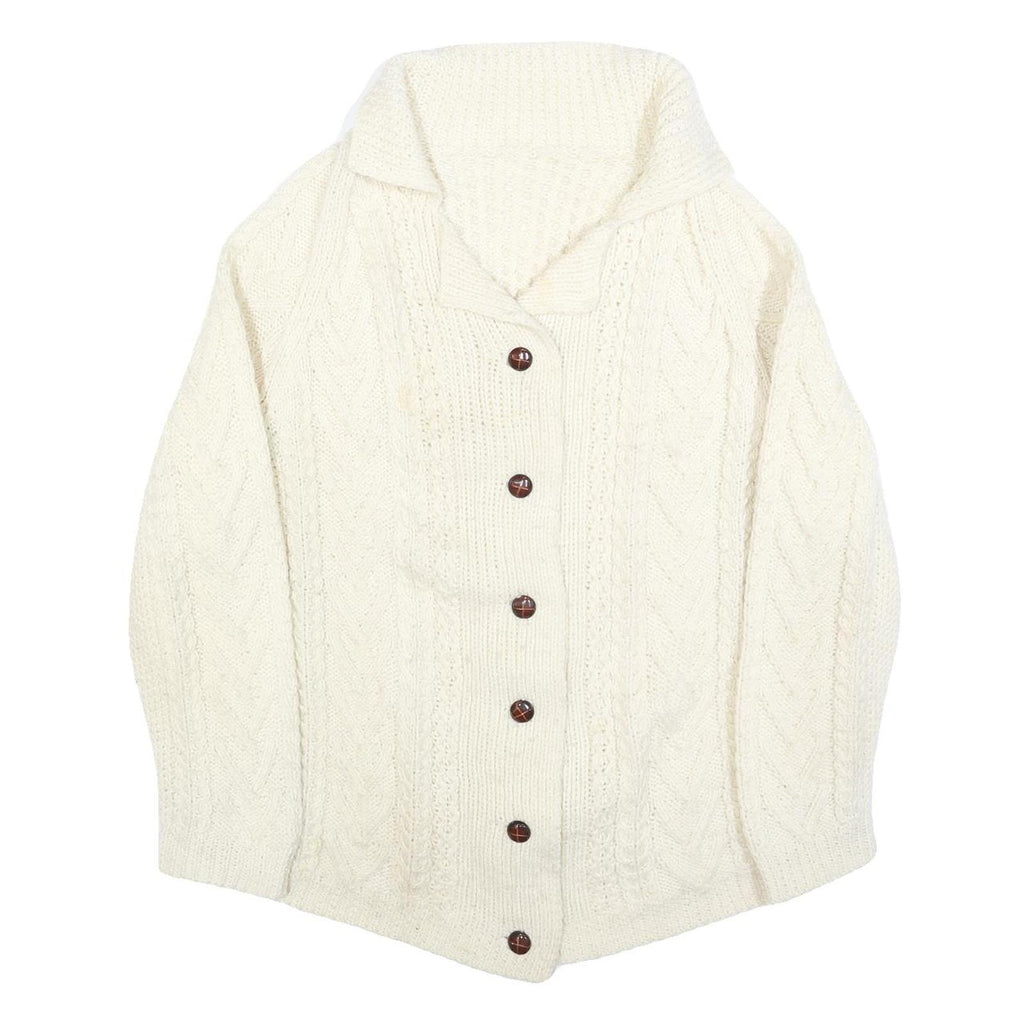 Womens Cream Chunky Knit Button Up Cable Knit Jumper L Cozy Fashion