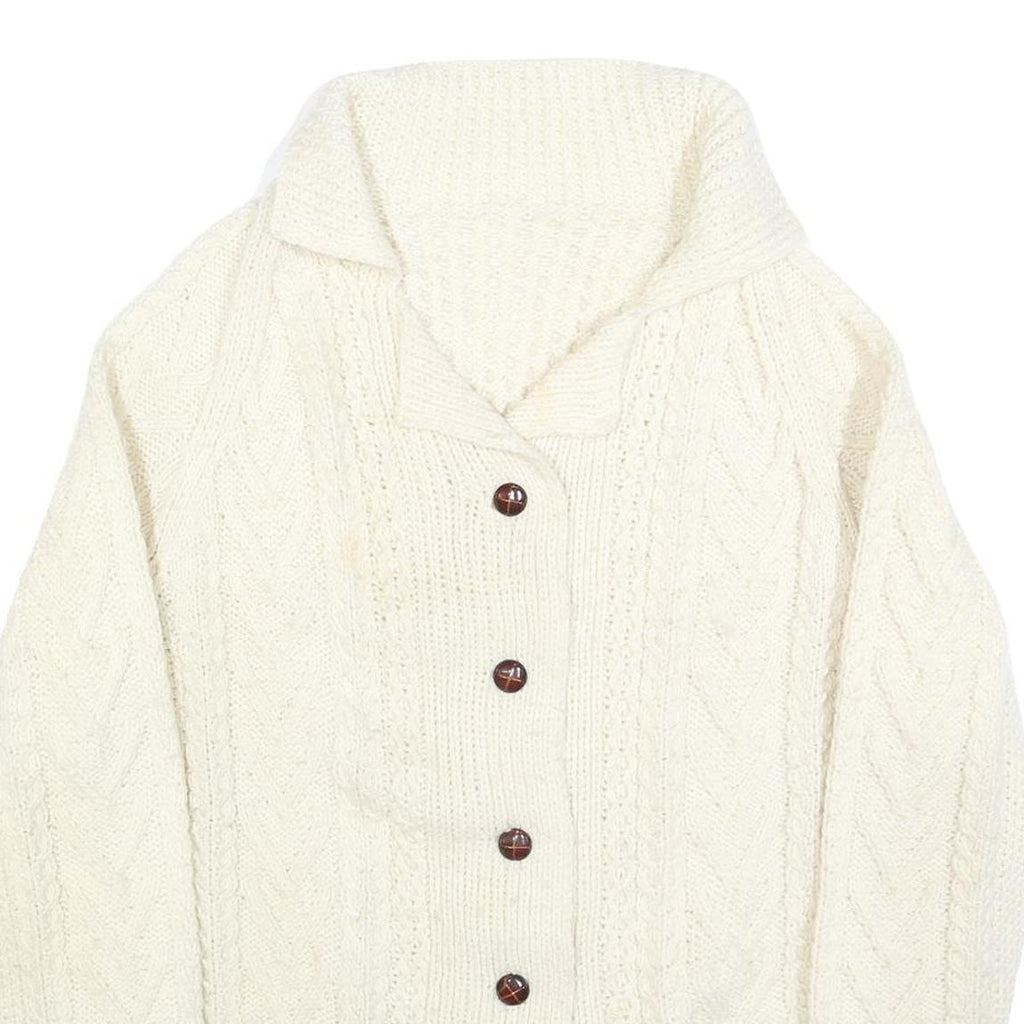 Womens Cream Chunky Knit Button Up Cable Knit Jumper L Cozy Fashion