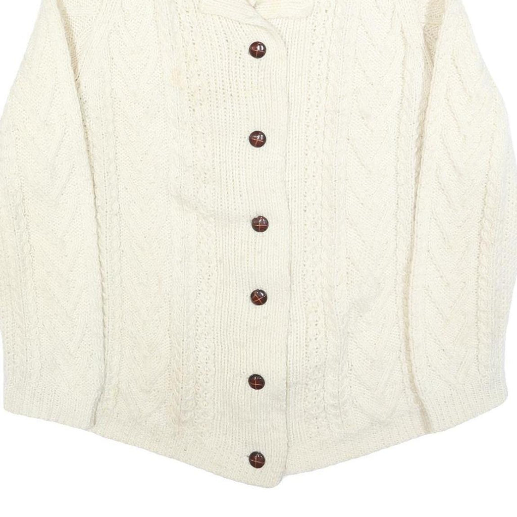 Womens Cream Chunky Knit Button Up Cable Knit Jumper L Cozy Fashion