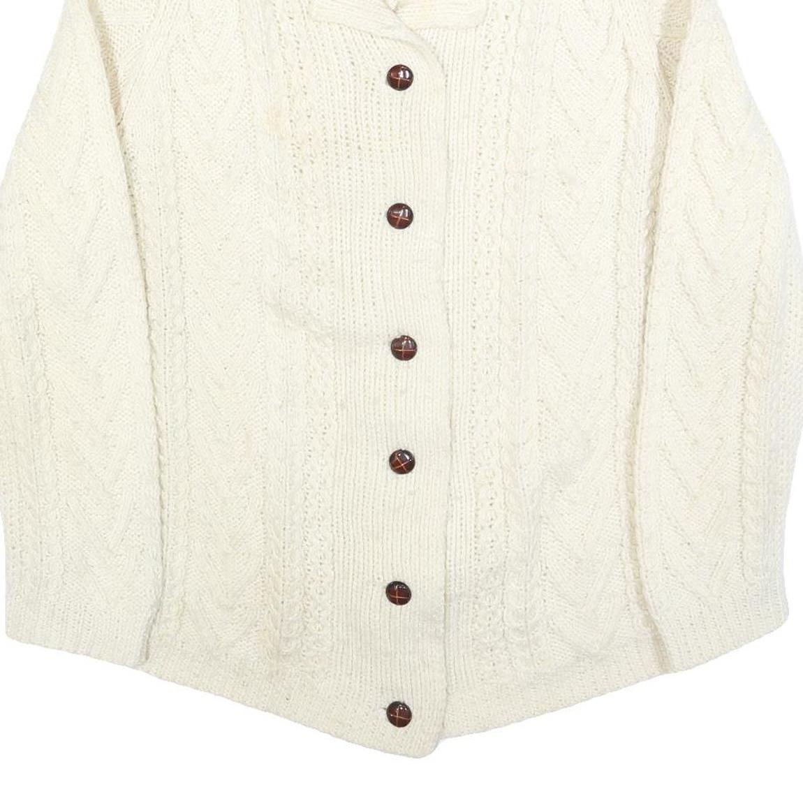 Womens Cream Chunky Knit Button Up Cable Knit Jumper L Cozy Fashion