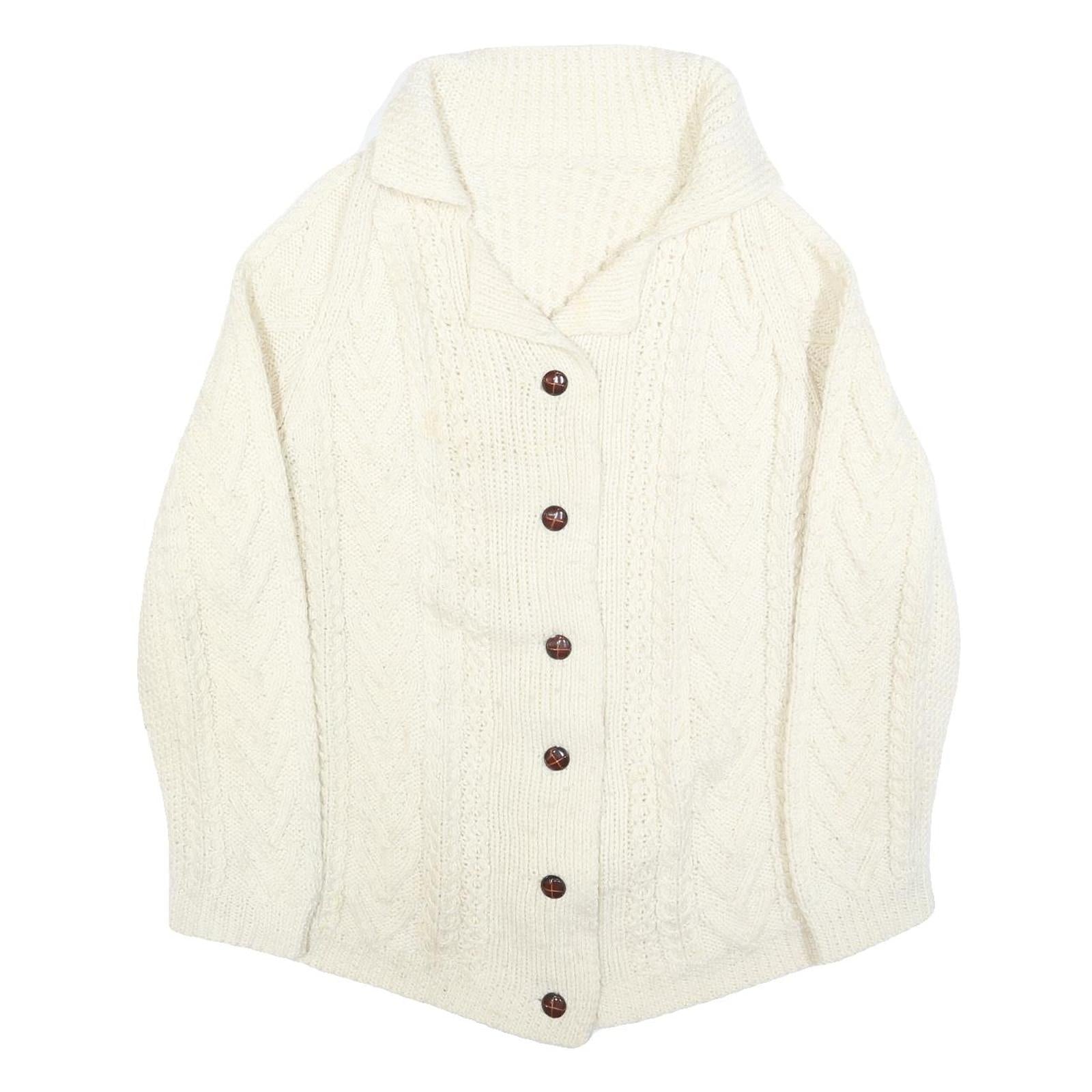 Womens Cream Chunky Knit Button Up Cable Knit Jumper L Cozy Fashion