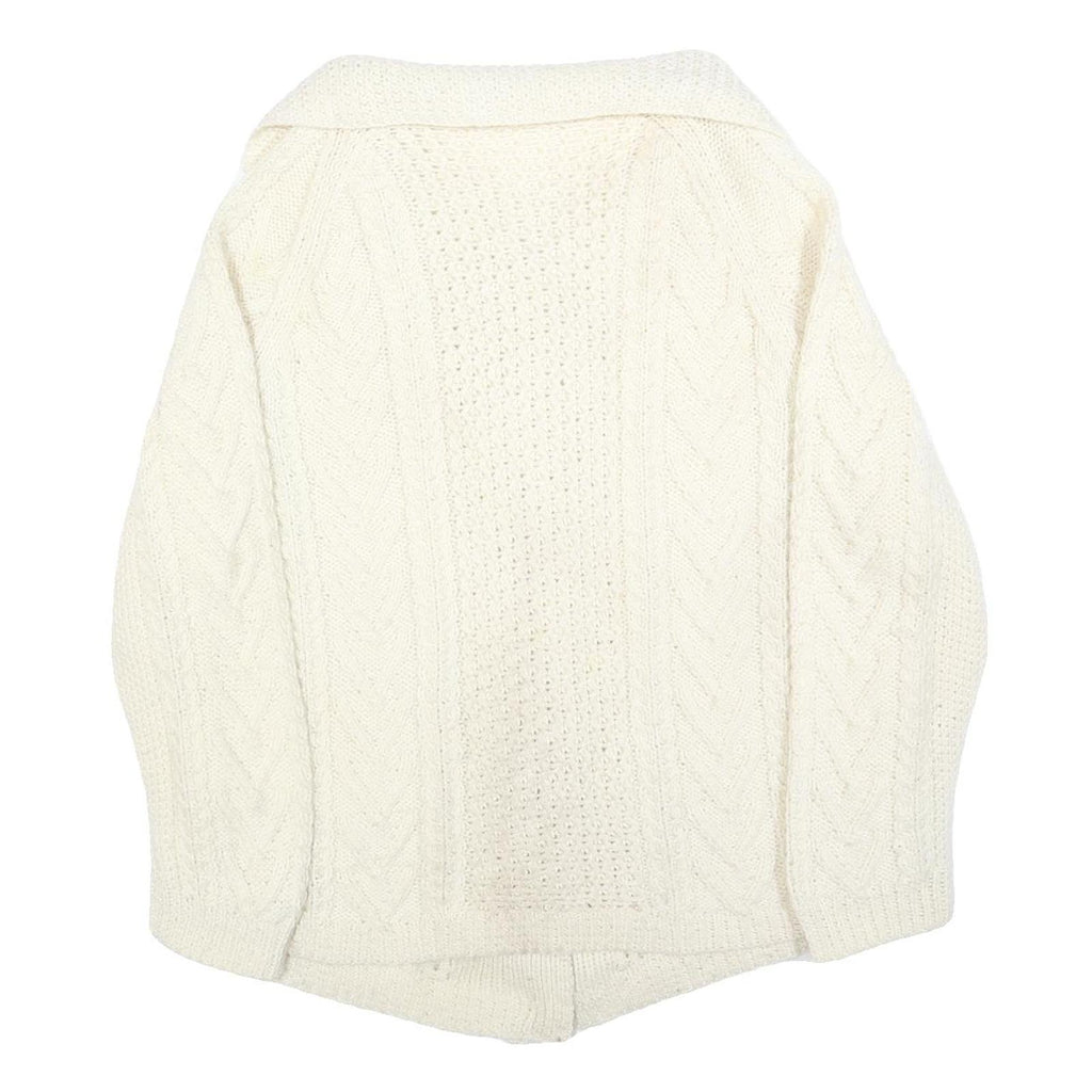 Womens Cream Chunky Knit Button Up Cable Knit Jumper L Cozy Fashion
