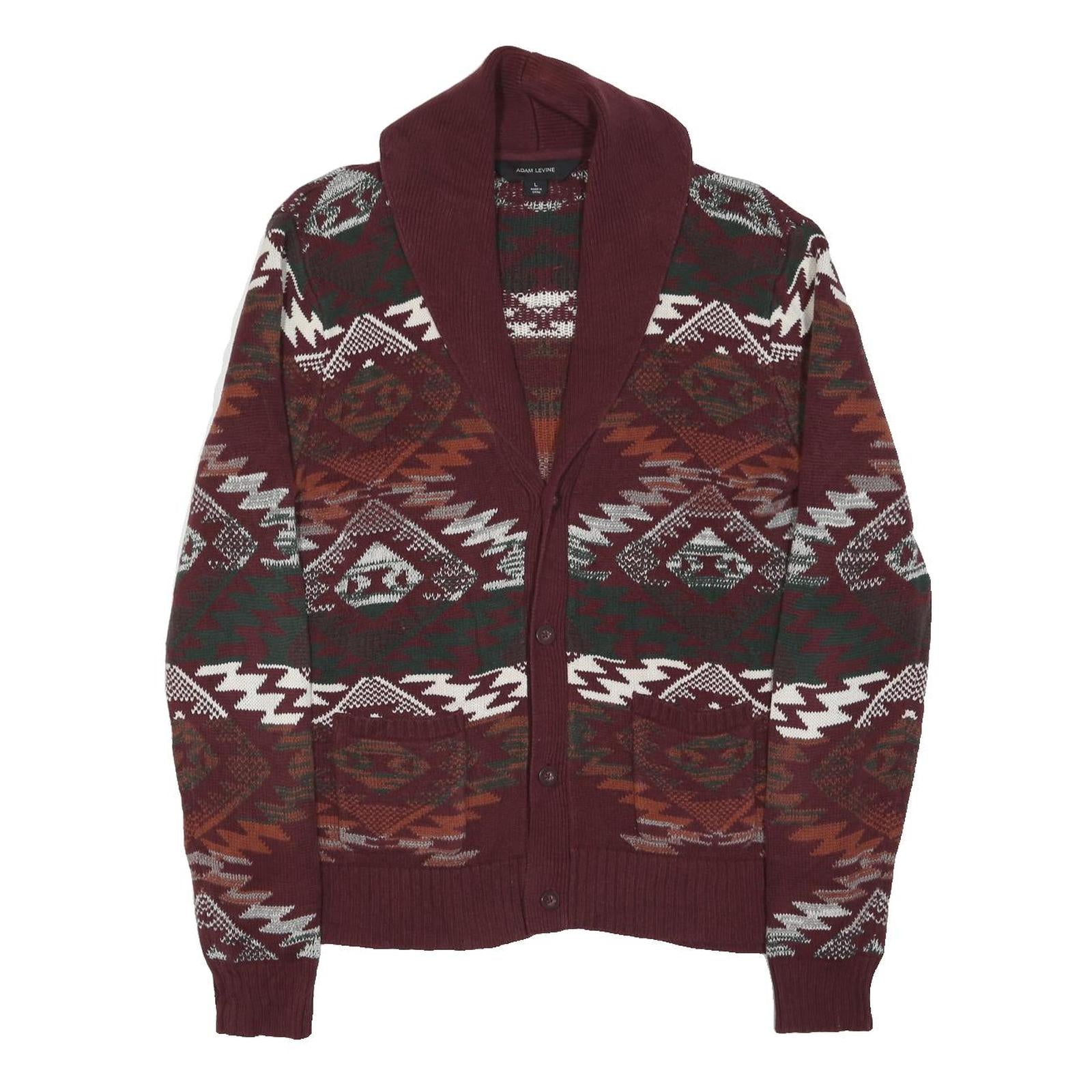 ADAM LEVINE Mens Burgundy & Orange Patterned Jumper Shawl Collar Chunky Knit L