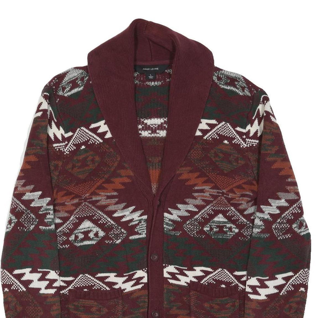 ADAM LEVINE Mens Burgundy & Orange Patterned Jumper Shawl Collar Chunky Knit L