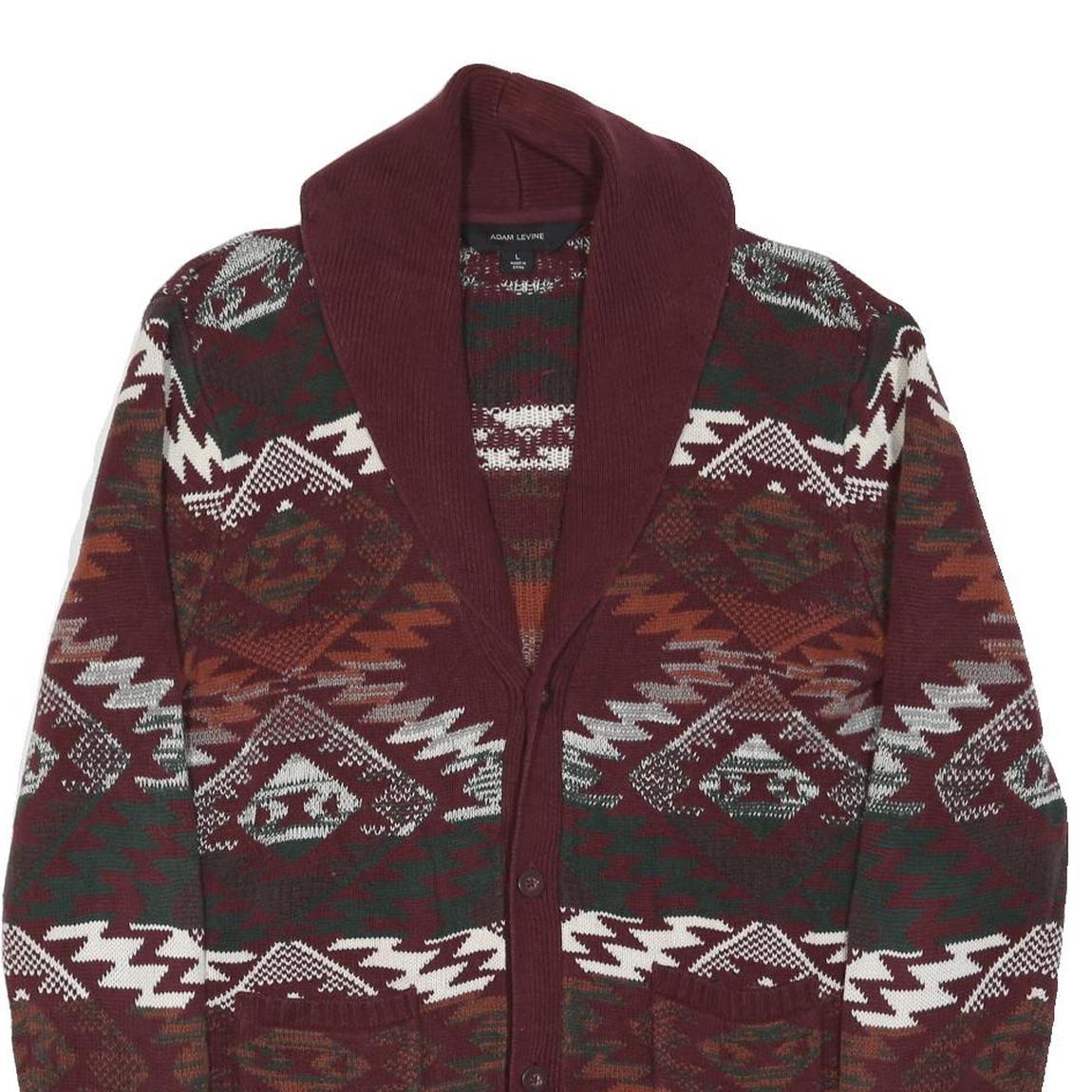 ADAM LEVINE Mens Burgundy & Orange Patterned Jumper Shawl Collar Chunky Knit L
