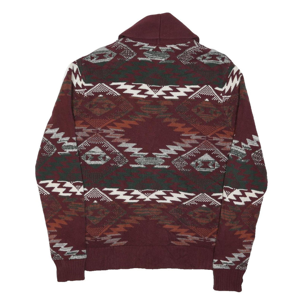 ADAM LEVINE Mens Burgundy & Orange Patterned Jumper Shawl Collar Chunky Knit L