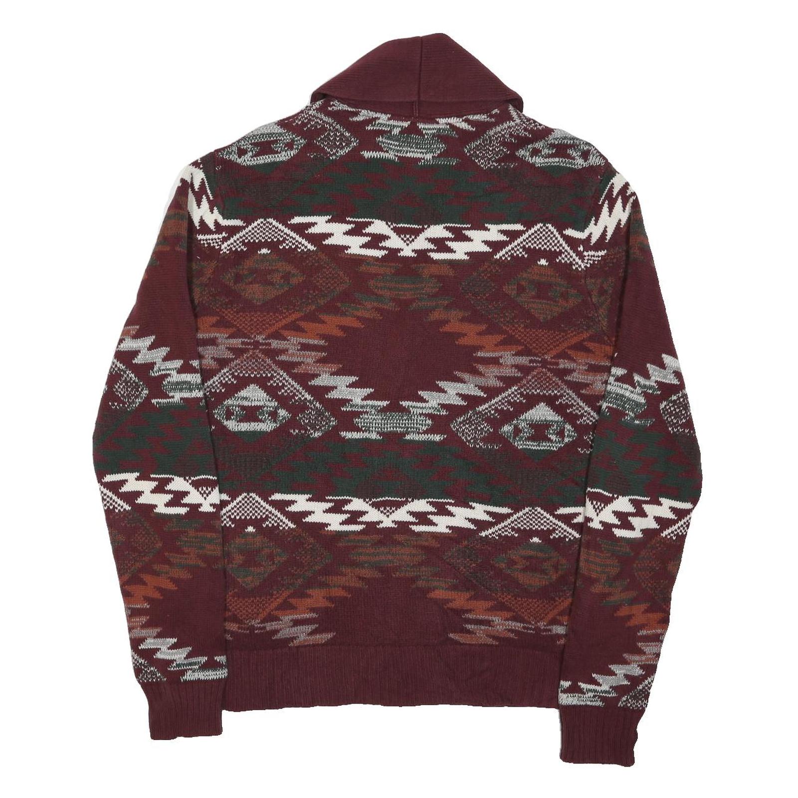 ADAM LEVINE Mens Burgundy & Orange Patterned Jumper Shawl Collar Chunky Knit L
