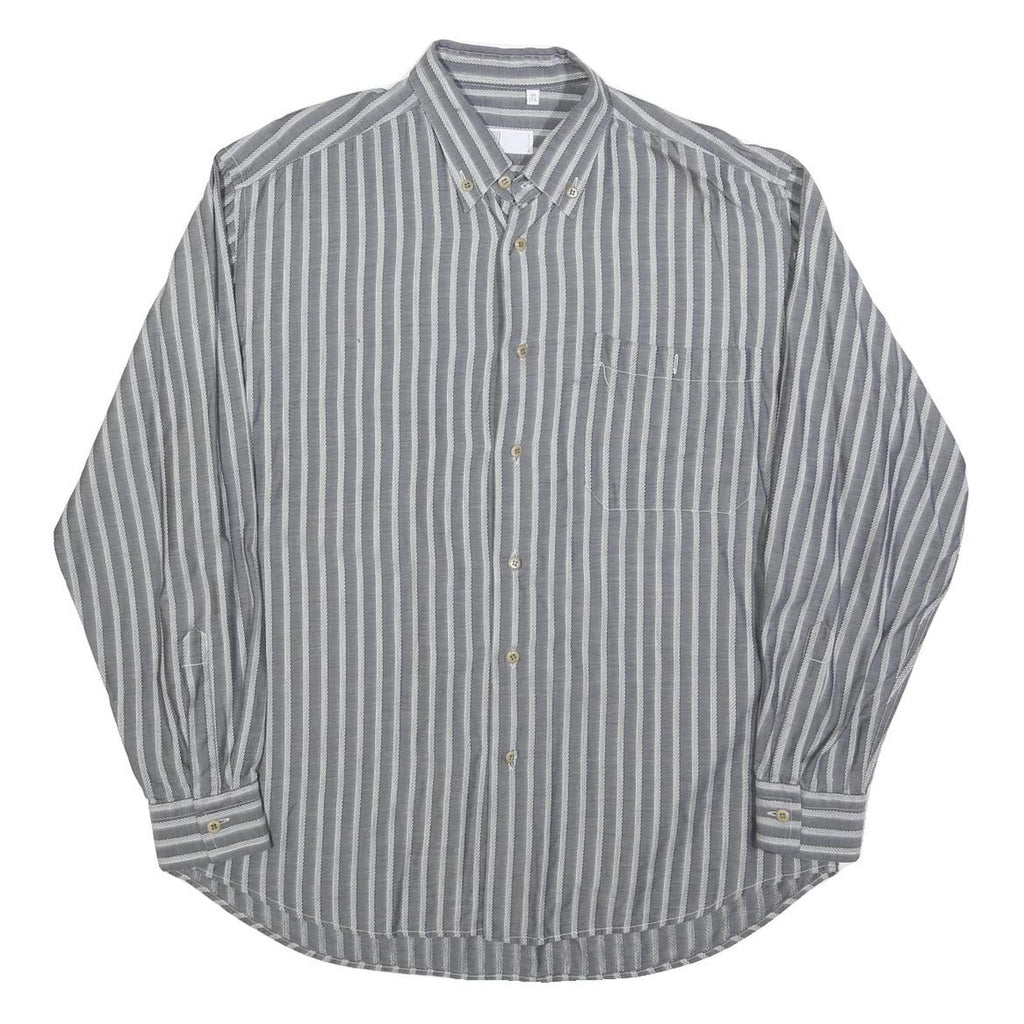 UGPPI Mens Grey & White Striped Shirt L Button Down Collar Long Sleeve Casual