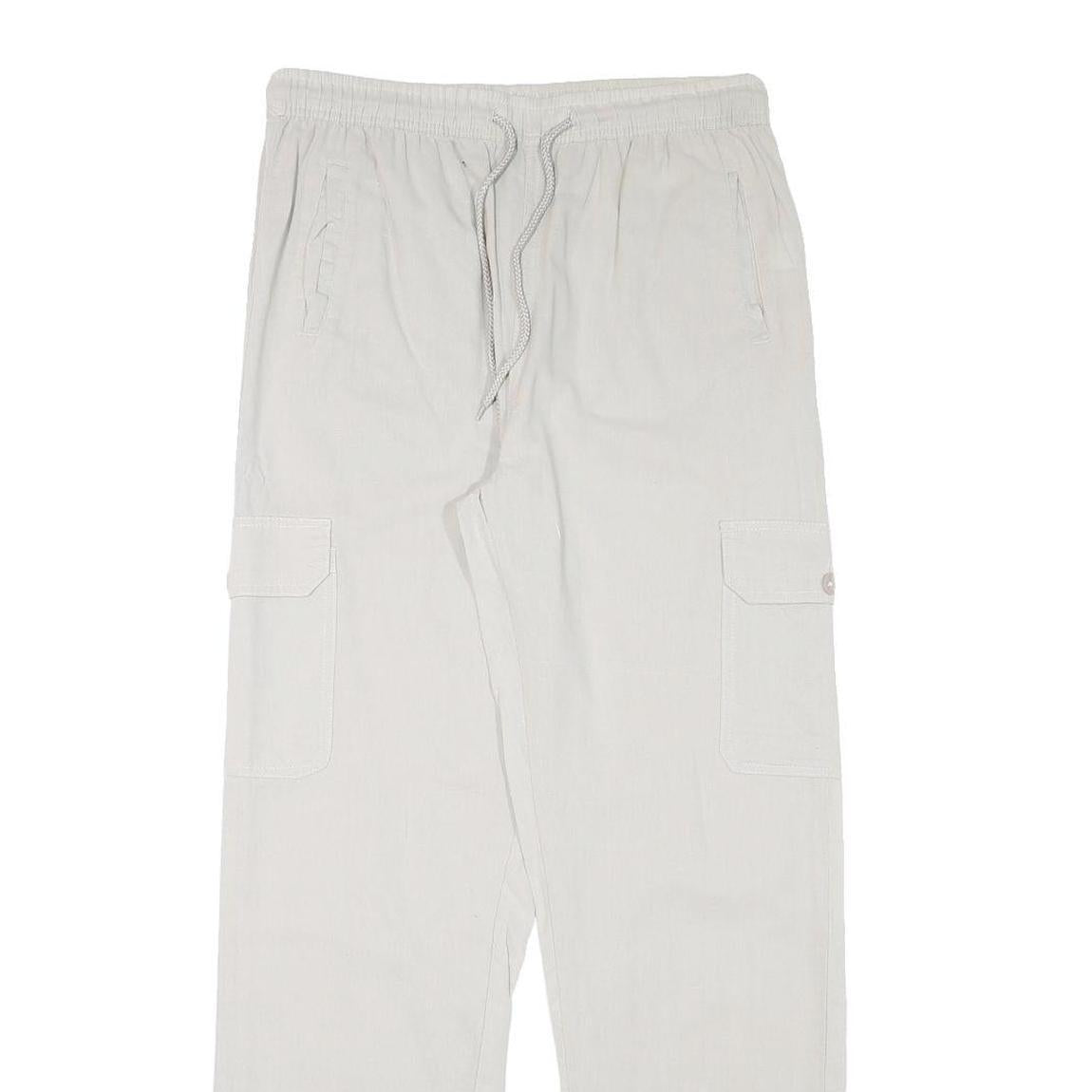 NH Mens Cotton Blend White Regular Fit Cargo Trousers W30 L30 Drawstring Waist