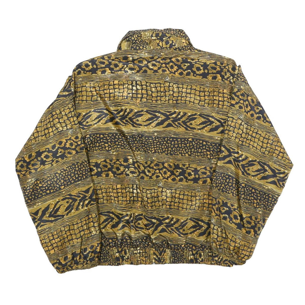 EVR Womens Black & Gold Printed Nylon Bomber Jacket L Zip Closure Relaxed Fit