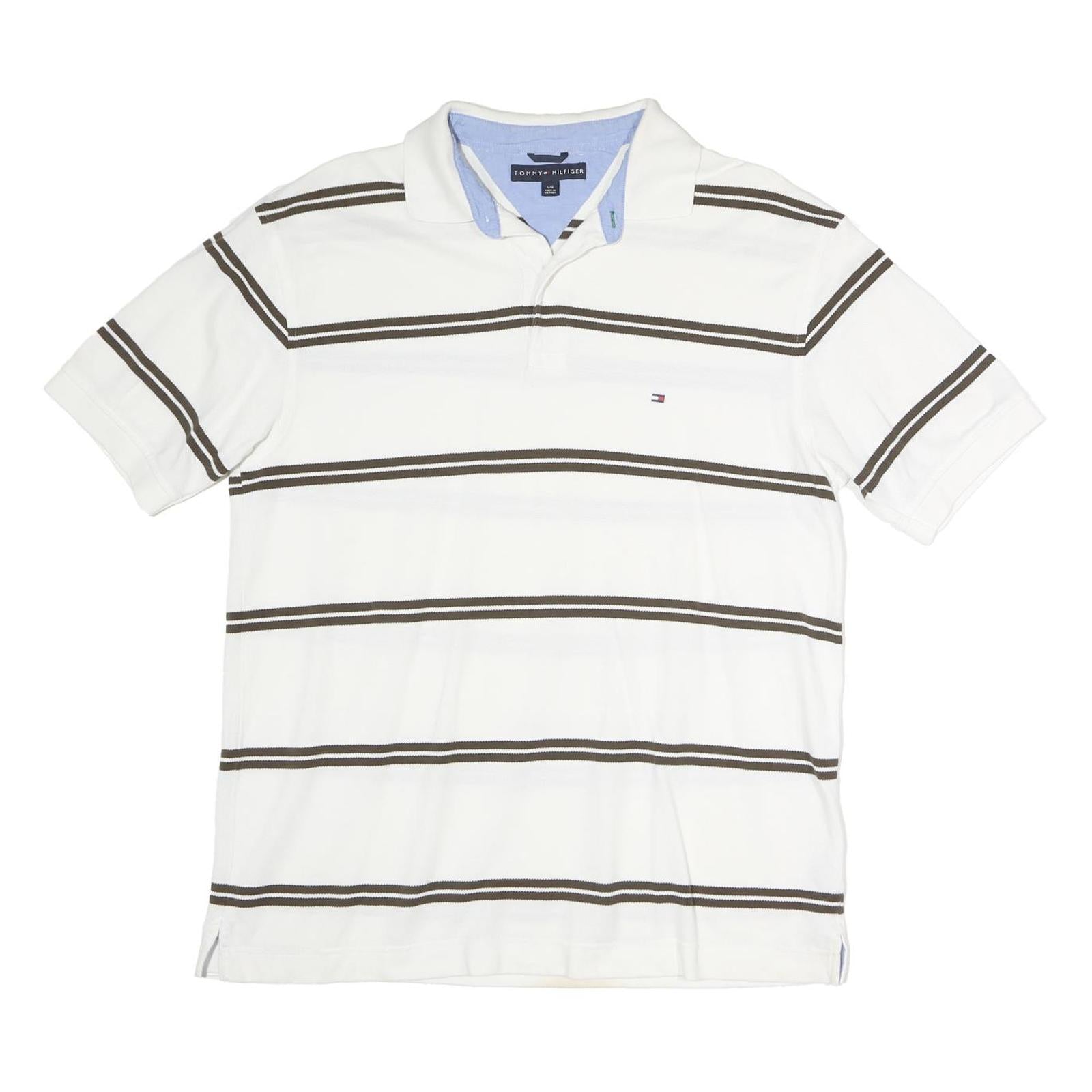 TOMMY HILFIGER Mens White & Brown Striped Cotton Short Sleeve Polo Shirt L