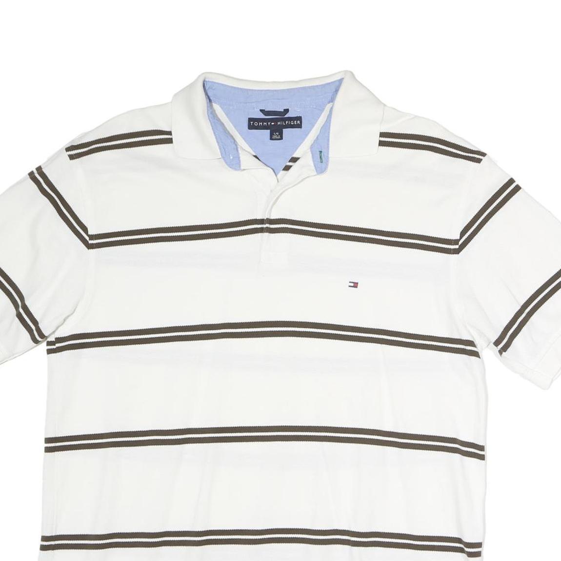 TOMMY HILFIGER Mens White & Brown Striped Cotton Short Sleeve Polo Shirt L