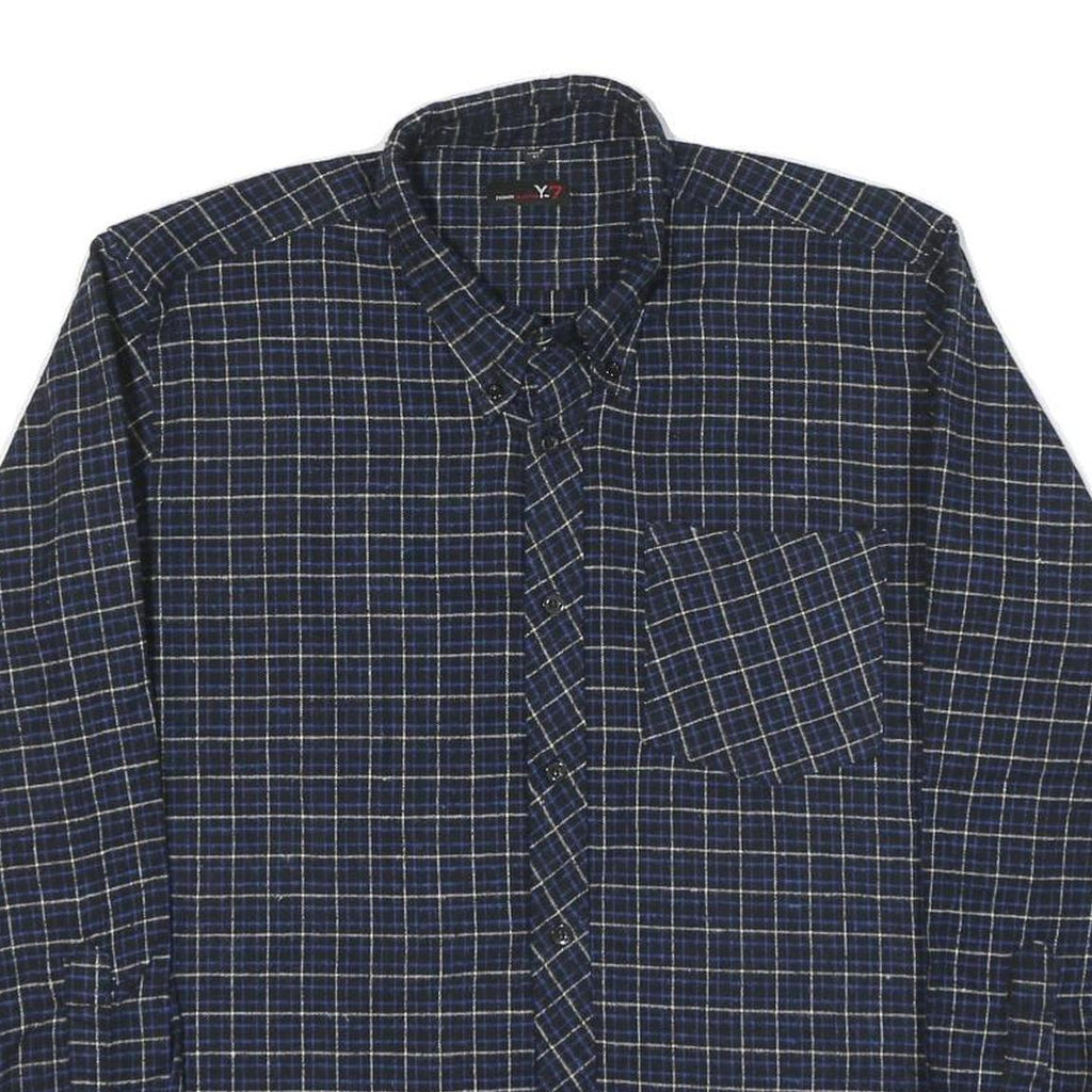 Mens Blue Check Cotton Shirt L Casual Long Sleeve Button Collar Pocket