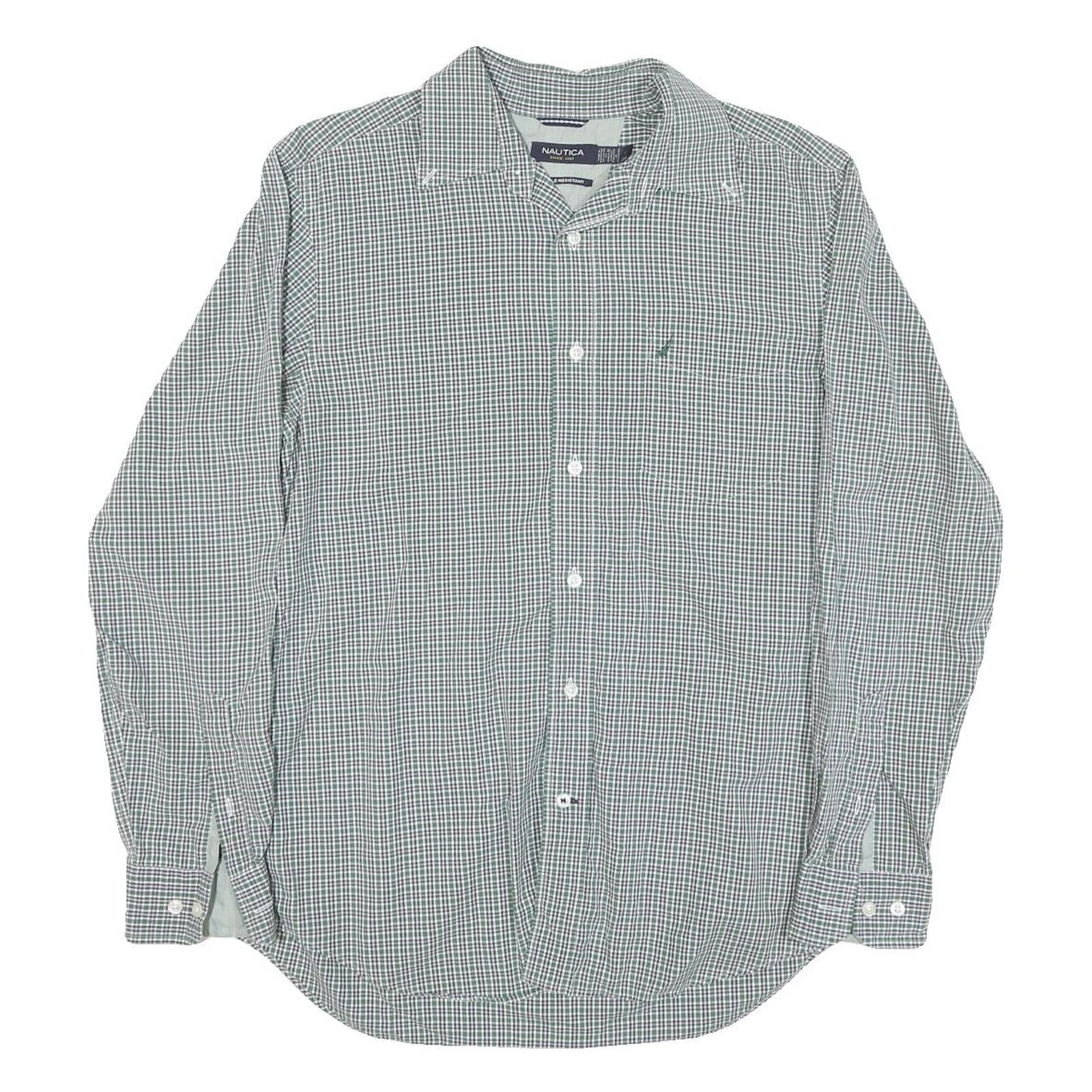 NAUTICA Mens Green & White Checked Shirt M Classic Cotton Blend Long Sleeve
