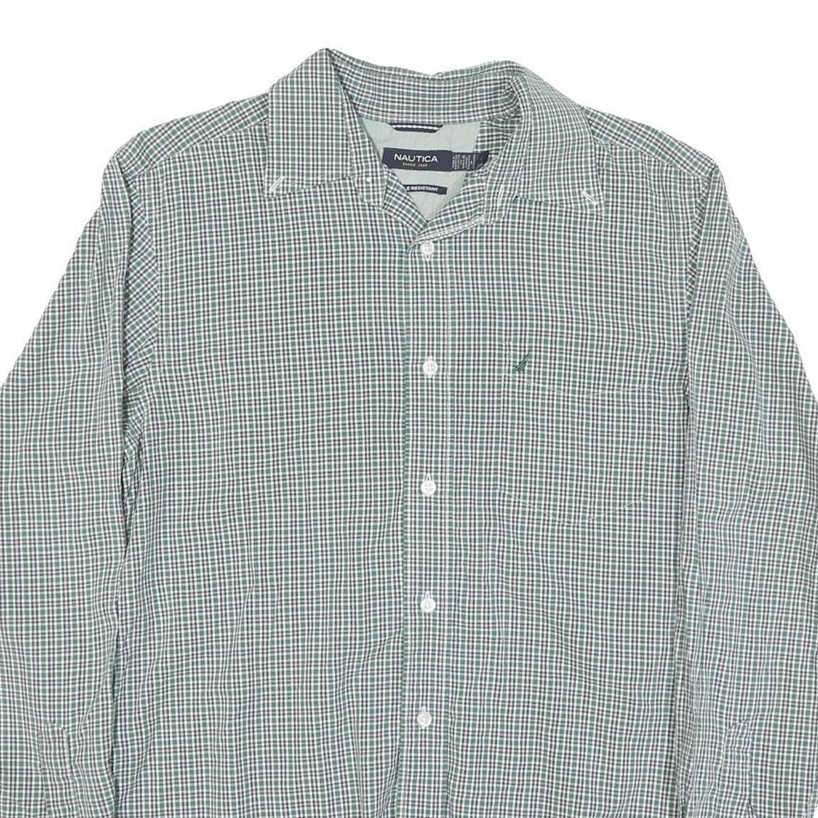 NAUTICA Mens Green & White Checked Shirt M Classic Cotton Blend Long Sleeve