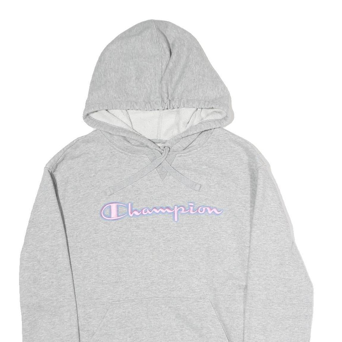 CHAMPION Womens Grey Hoodie S Cotton Blend Pullover Striped Cuffs