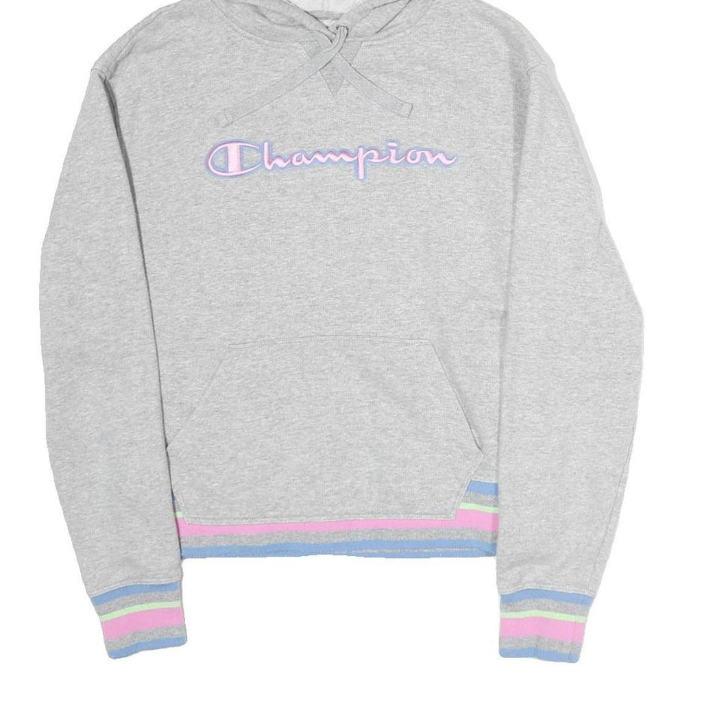CHAMPION Womens Grey Hoodie S Cotton Blend Pullover Striped Cuffs