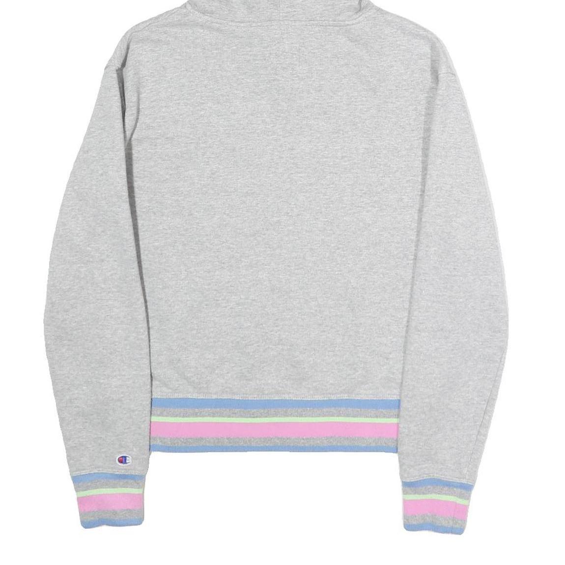 CHAMPION Womens Grey Hoodie S Cotton Blend Pullover Striped Cuffs