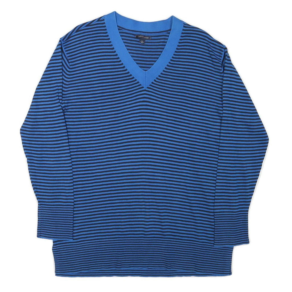 TOMMY HILFIGER Womens Blue & Black Patterned Jumper V-Neck Basic Knit L