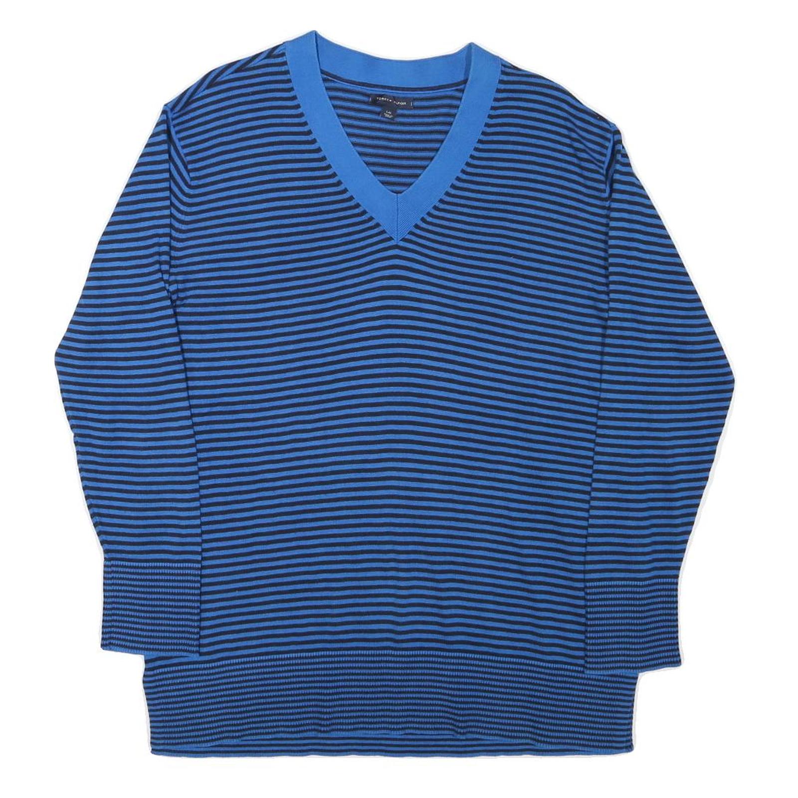 TOMMY HILFIGER Womens Blue & Black Patterned Jumper V-Neck Basic Knit L