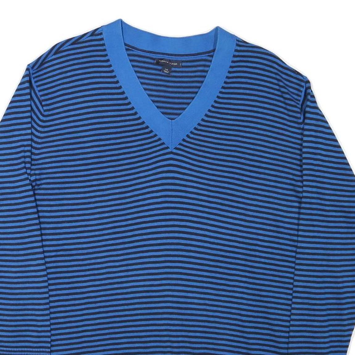 TOMMY HILFIGER Womens Blue & Black Patterned Jumper V-Neck Basic Knit L