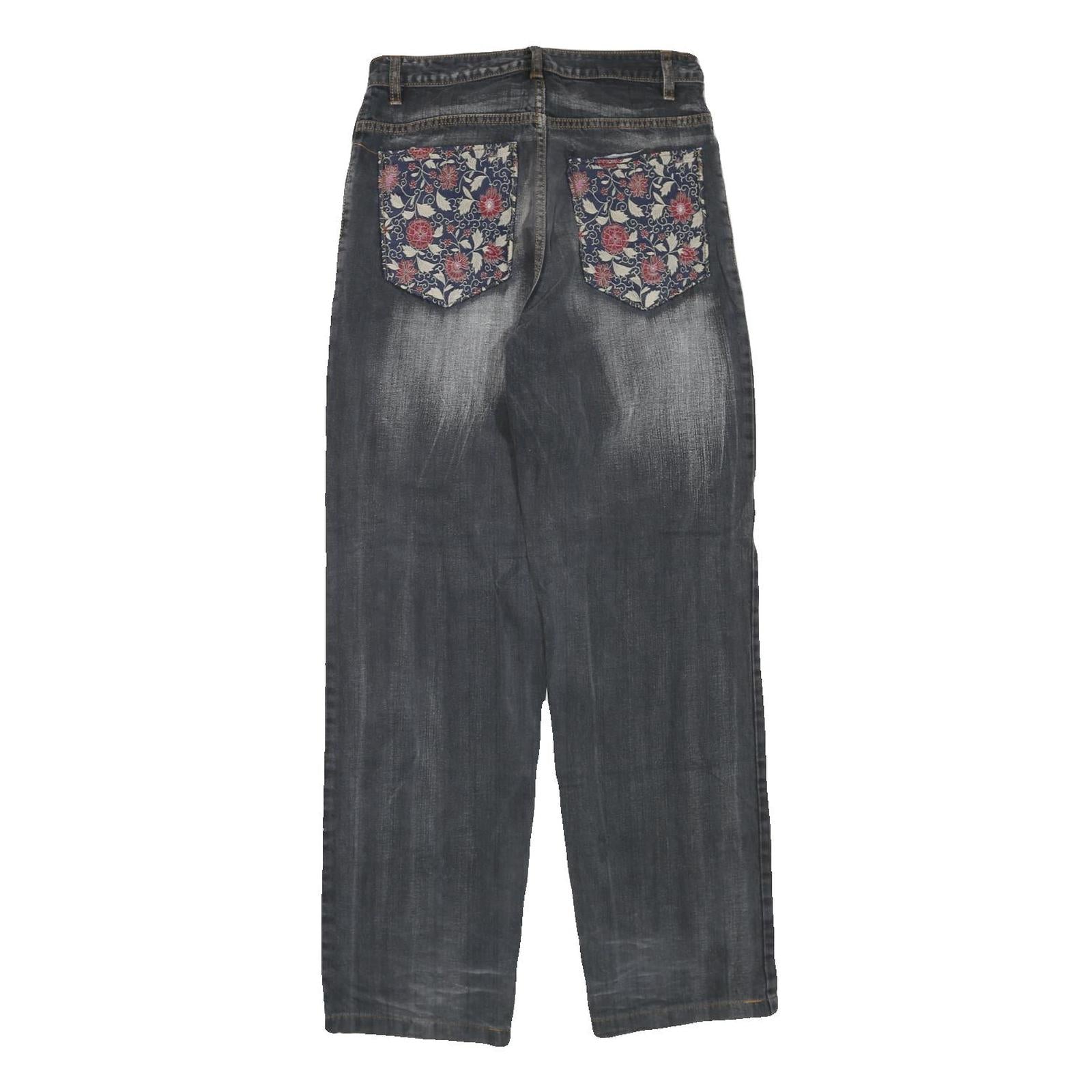 Womens Regular Fit Cotton Blend Denim Grey Jeans W28 L31 Floral Back Pockets Zip