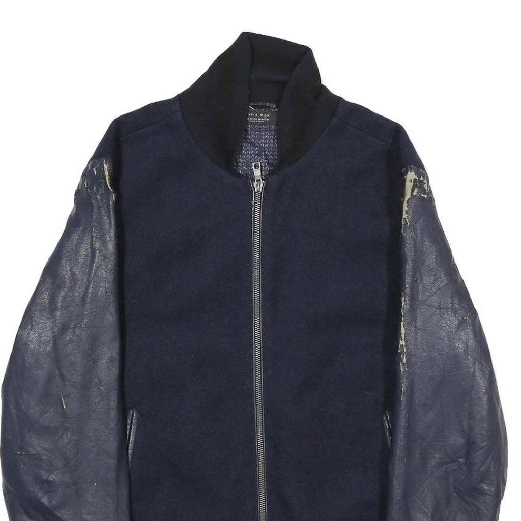 ZARA Mens Navy Blue Wool Blend Bomber Jacket M Leather Sleeves Zip Fastening