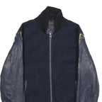 ZARA Mens Navy Blue Wool Blend Bomber Jacket M Leather Sleeves Zip Fastening