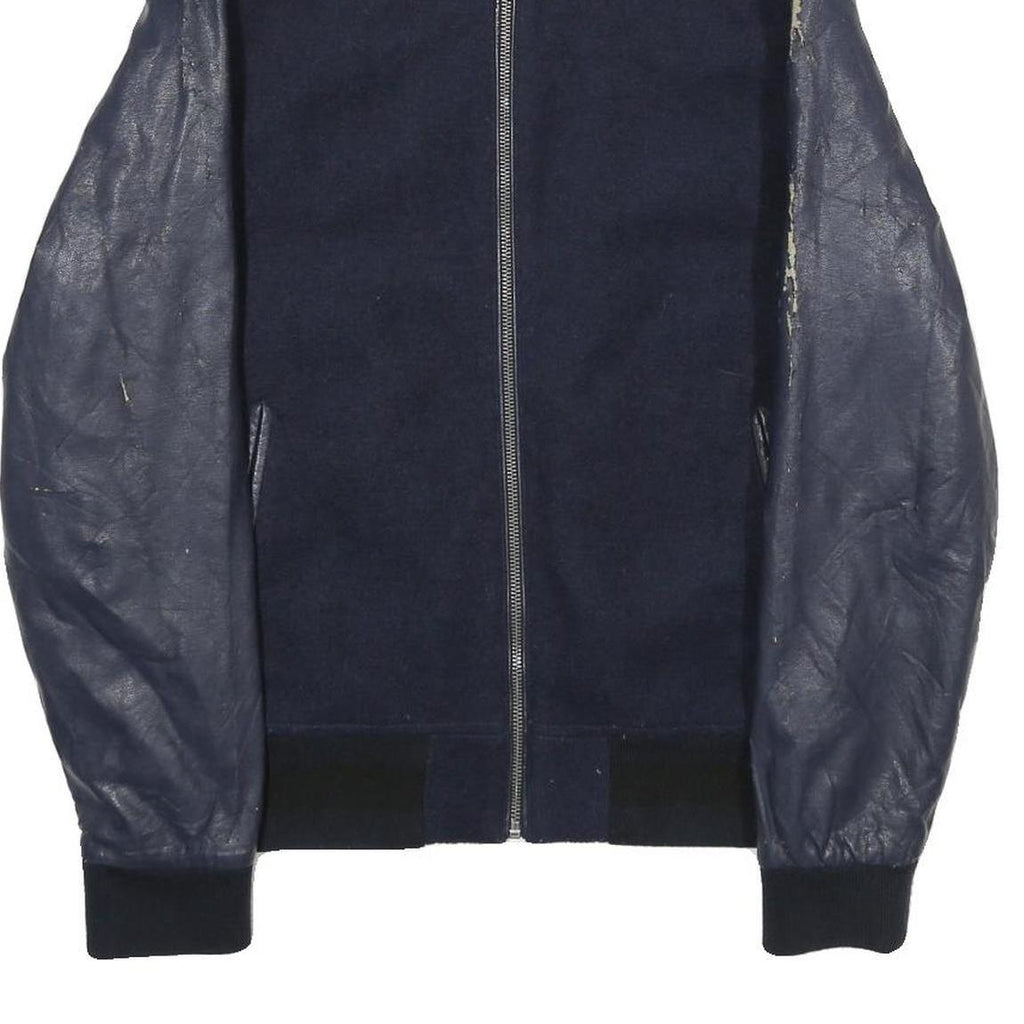 ZARA Mens Navy Blue Wool Blend Bomber Jacket M Leather Sleeves Zip Fastening