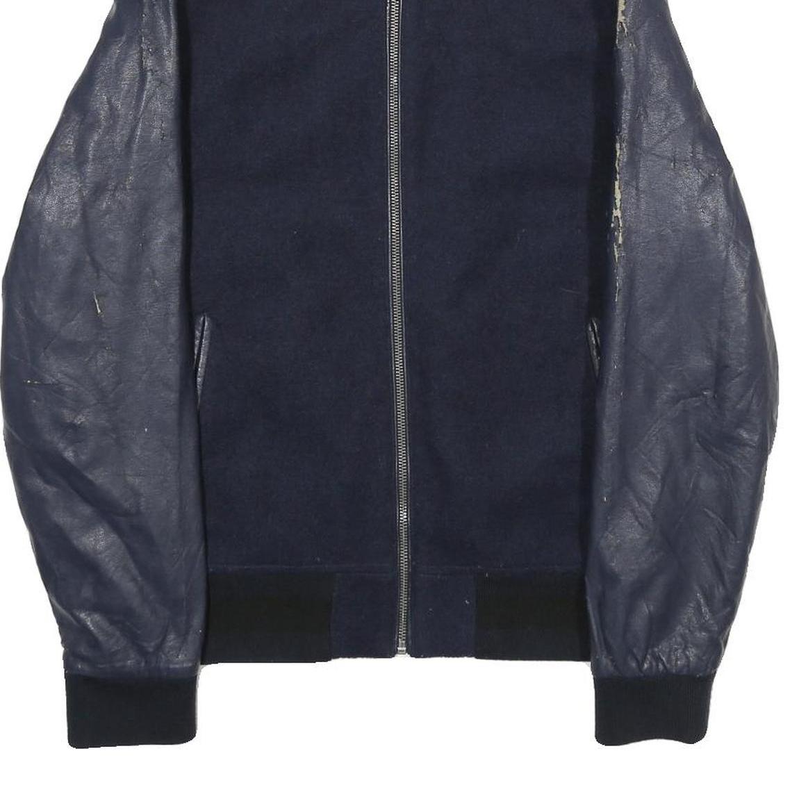 ZARA Mens Navy Blue Wool Blend Bomber Jacket M Leather Sleeves Zip Fastening