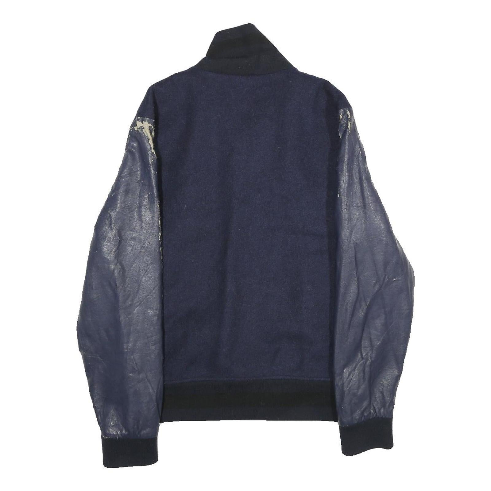 ZARA Mens Navy Blue Wool Blend Bomber Jacket M Leather Sleeves Zip Fastening