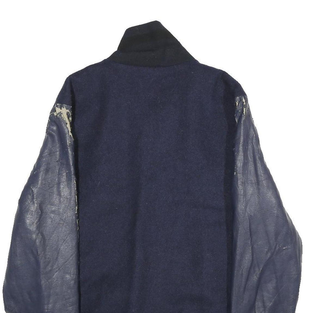 ZARA Mens Navy Blue Wool Blend Bomber Jacket M Leather Sleeves Zip Fastening