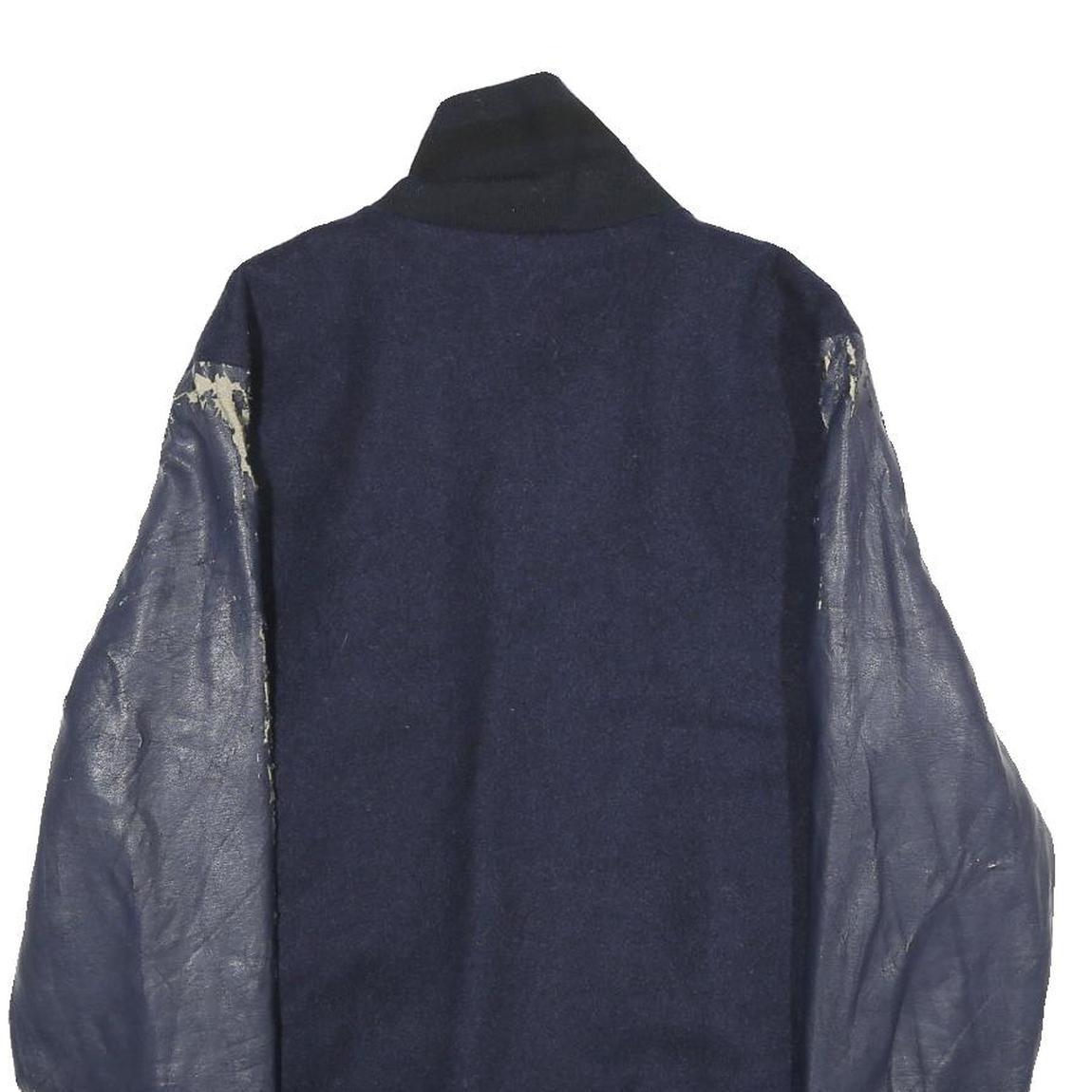 ZARA Mens Navy Blue Wool Blend Bomber Jacket M Leather Sleeves Zip Fastening