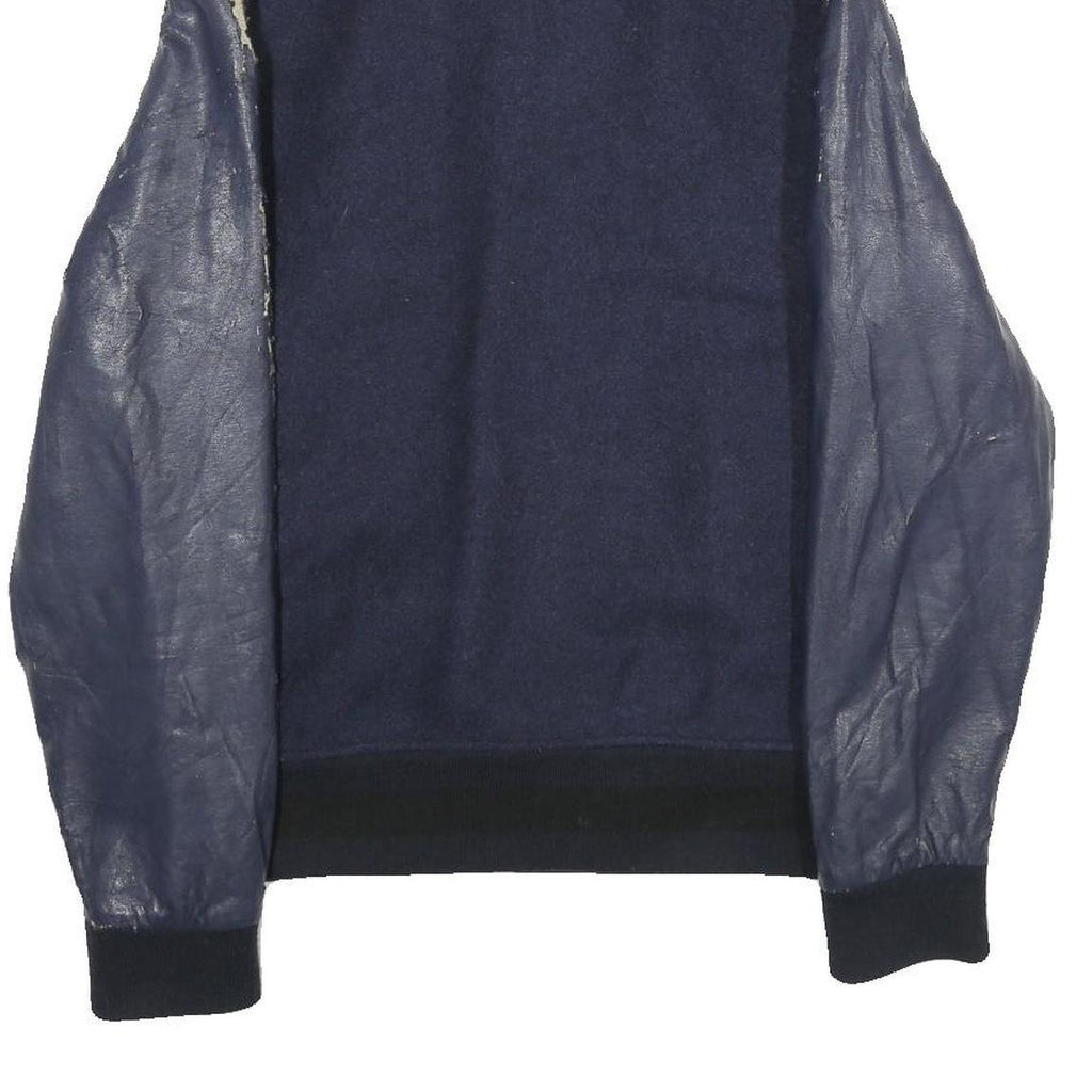 ZARA Mens Navy Blue Wool Blend Bomber Jacket M Leather Sleeves Zip Fastening