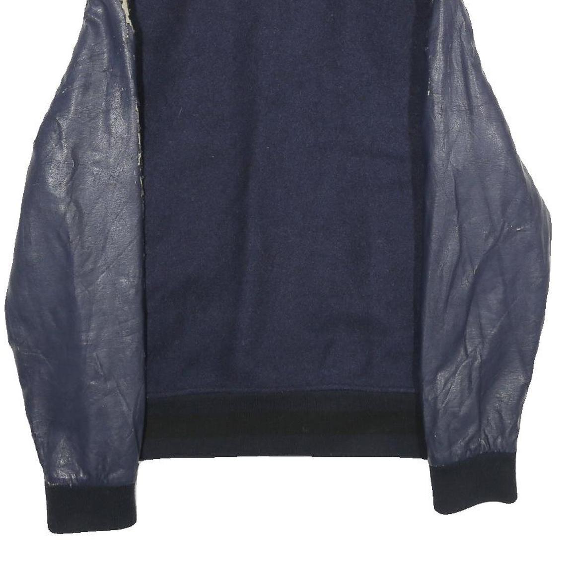 ZARA Mens Navy Blue Wool Blend Bomber Jacket M Leather Sleeves Zip Fastening