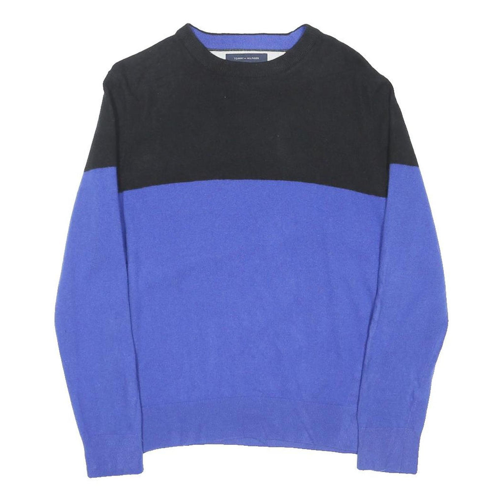 TOMMY HILFIGER Mens Black & Blue Patterned Jumper Crew Neck Basic Knit L Wool