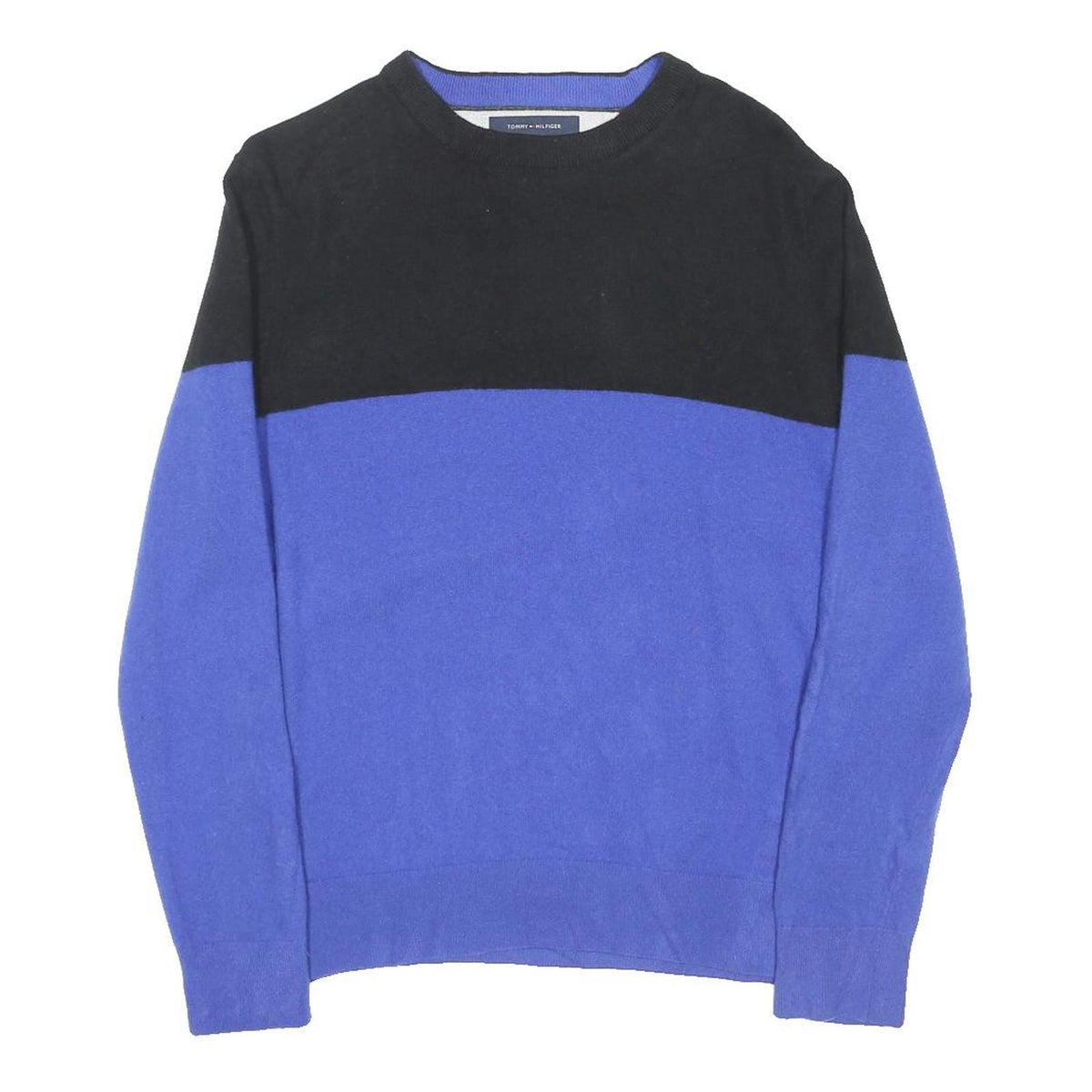 TOMMY HILFIGER Mens Black & Blue Patterned Jumper Crew Neck Basic Knit L Wool