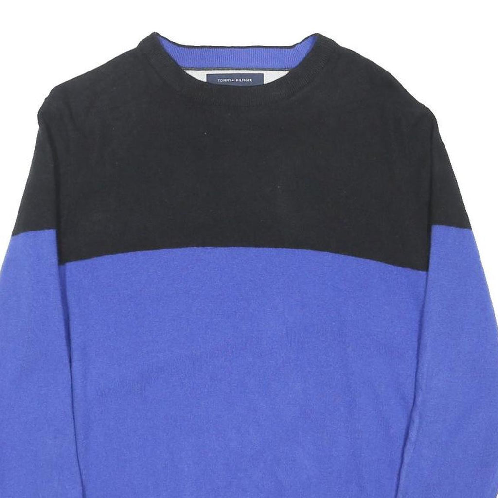 TOMMY HILFIGER Mens Black & Blue Patterned Jumper Crew Neck Basic Knit L Wool