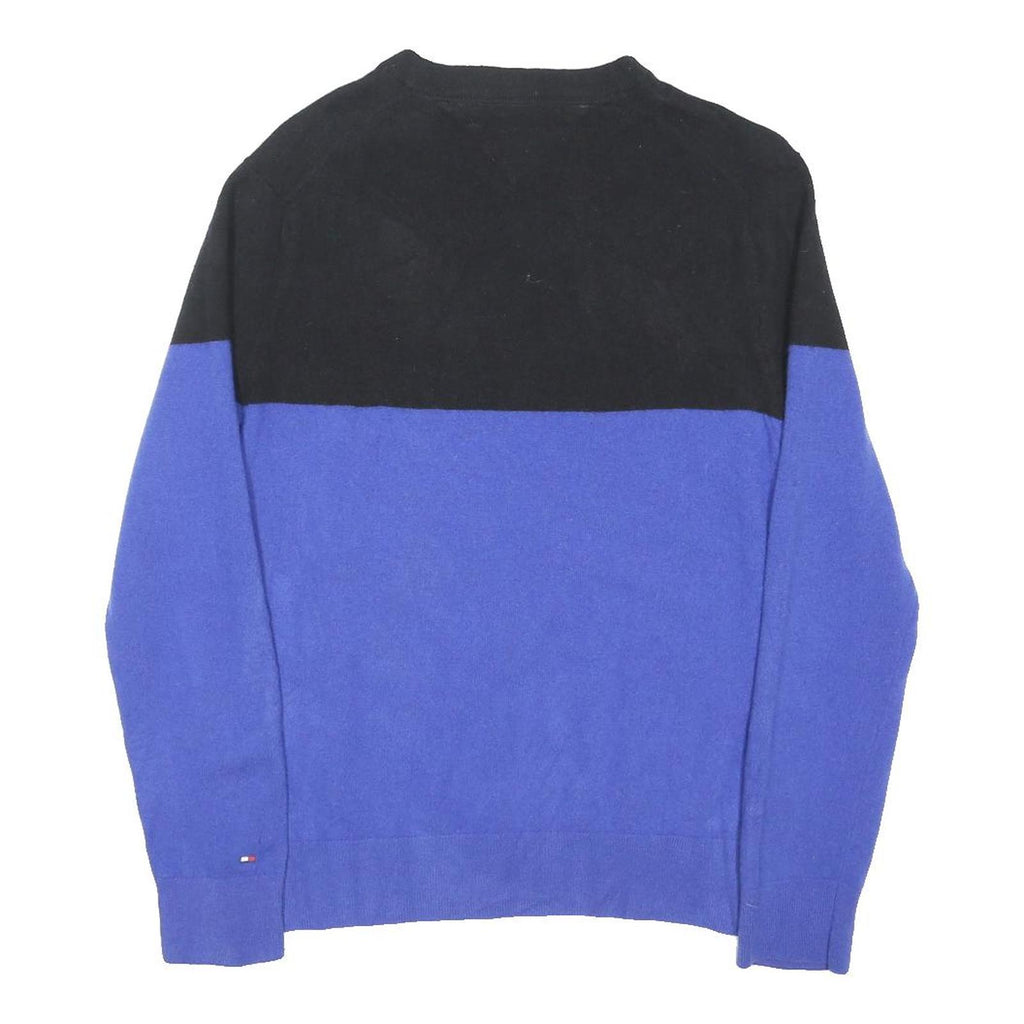 TOMMY HILFIGER Mens Black & Blue Patterned Jumper Crew Neck Basic Knit L Wool