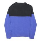 TOMMY HILFIGER Mens Black & Blue Patterned Jumper Crew Neck Basic Knit L Wool