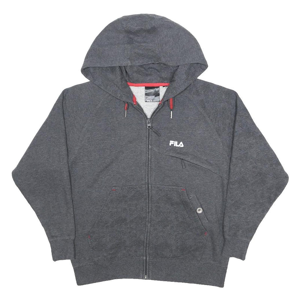 FILA Womens Grey Full Zip Hoodie M Cotton Blend Jersey Band Collar Pockets